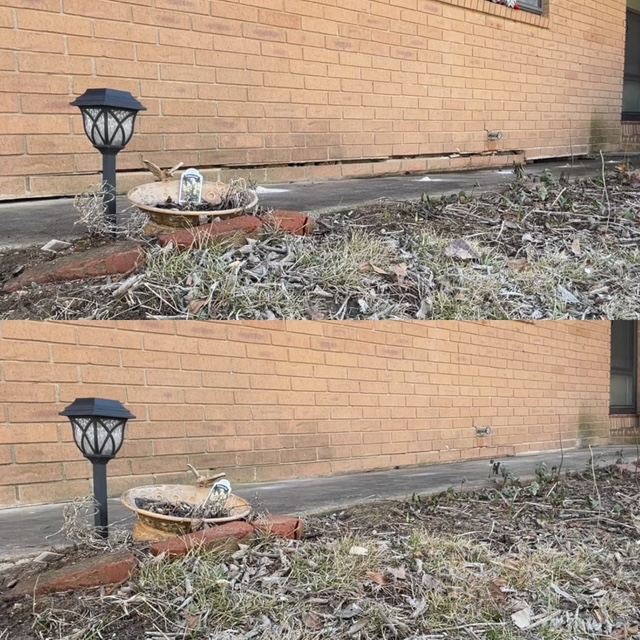 Before-and-after concrete walkway repair beside a brick building